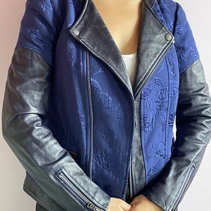 Rebecca Taylor Blue Leather Floral Brocade Jacket
